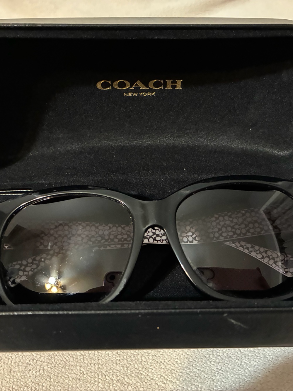 Coach Women’s Black Sunglasses with Patterned Temples and Coach Case